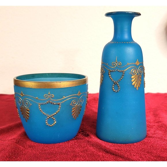 Blue Opaline Glass French Vase and Bowl with Gold Accent Gorgeous Set!  CT302 - Picture 6 of 13